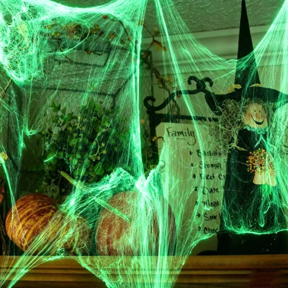 Decoración de Halloween con telarañas que brillan en la oscuridad, telarañas de algodón elásticas con arañas de imitación, decoración reutilizable para crear un ambiente de fiesta en una casa encantada.