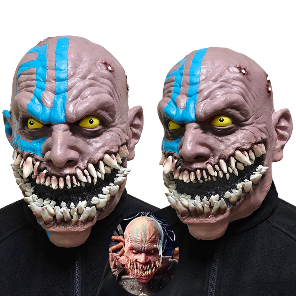 Máscara de cosplay de Baraka para adultos de Mortal Kombat 11, máscara de látex de demonio con colmillos y rayas azules, accesorio de disfraz de casco de cabeza completa de terror