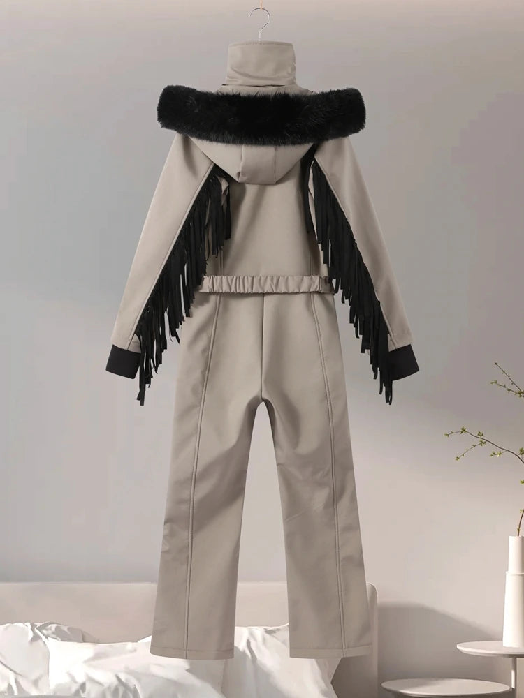 Mono grueso para mujer, ropa de esquí con cuello de piel, con capucha y cremallera, manga larga, ajustado, de cintura alta, para exteriores, abrigo, prendas de vestir de invierno para mujer