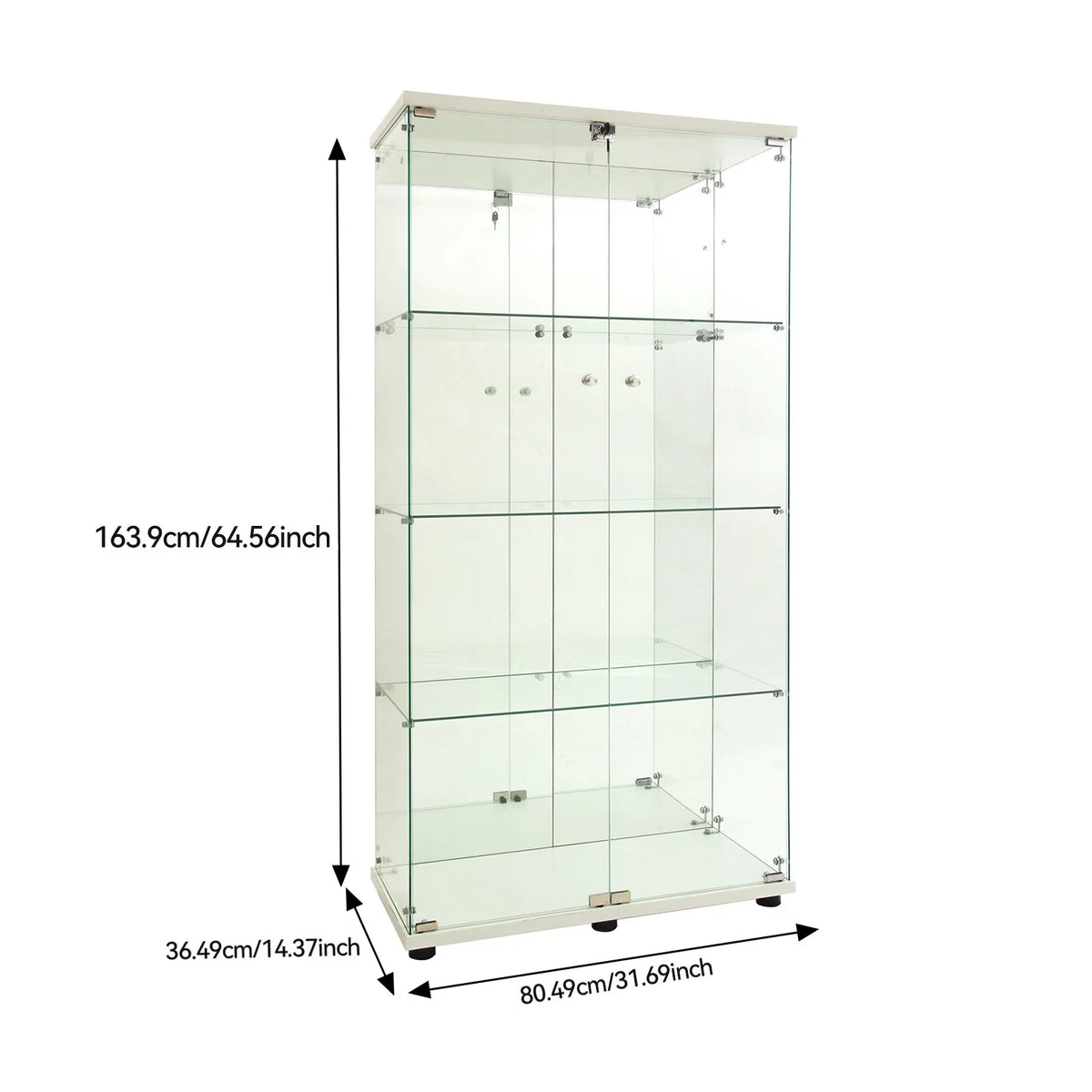 Vitrina de cristal de 4 niveles Fangange con iluminación LED, vidrio templado, cerradura, respaldo de espejo, mueble expositor de suelo para coleccionables, figuras y vino, color negro/blanco