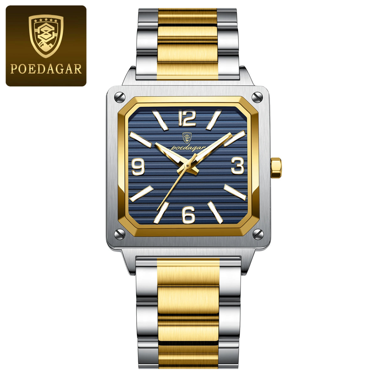 POEDAGAR Fashion Luxury Man Wristwatch Waterproof Luminous Stainless Steel Men's Quartz Watch Square Sport Watches for Men Reloj