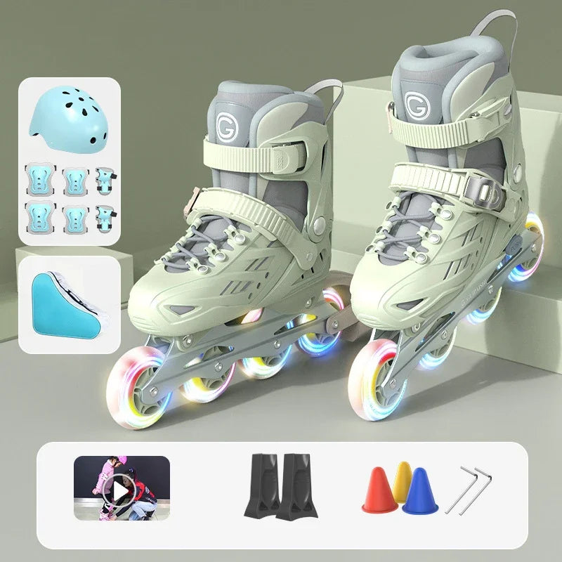 Patines en línea con casco, protectores de codo y rodilla, bolsa para zapatos, juego de 4 ruedas con luces, zapatillas para niños y niñas, patines ajustables.