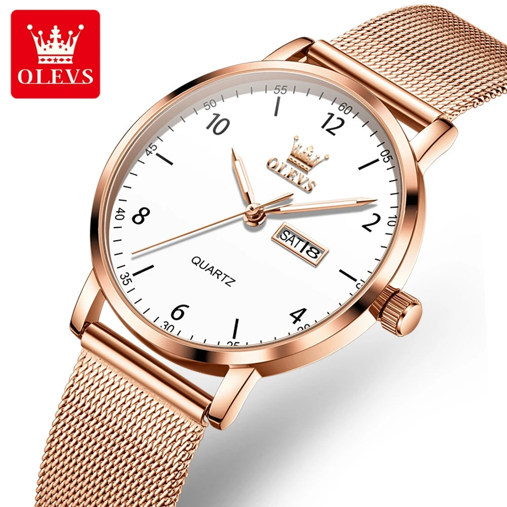 Relojes OLEVS para mujer, correa de acero de malla, reloj de pulsera de cuarzo con esfera digital de moda, fecha, día, impermeable, reloj elegante para dama 2996