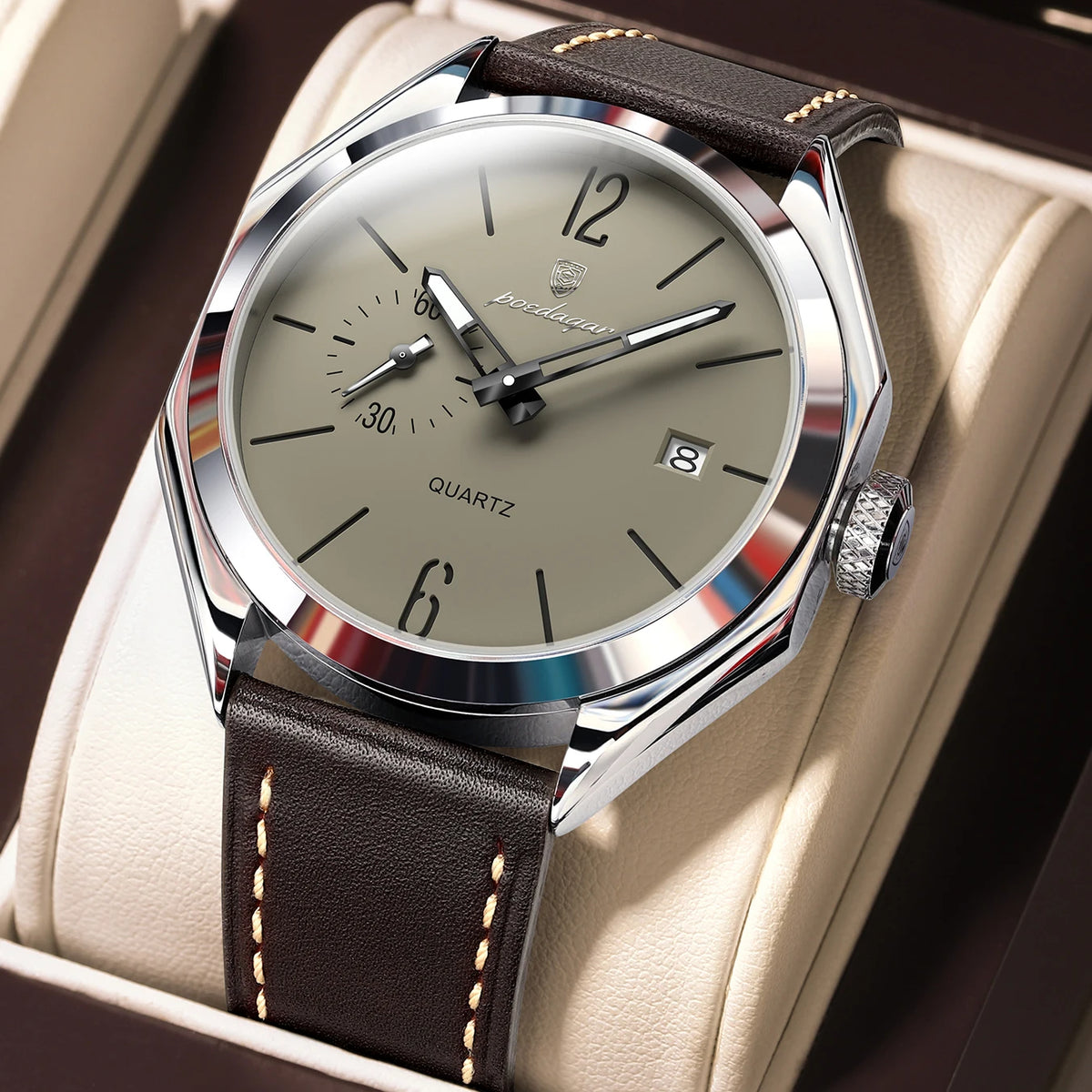 Reloj de hombre POEDAGAR de alta moda, con correa de piel, fecha, cuarzo, estilo negocios, resistente al agua, luminoso y casual