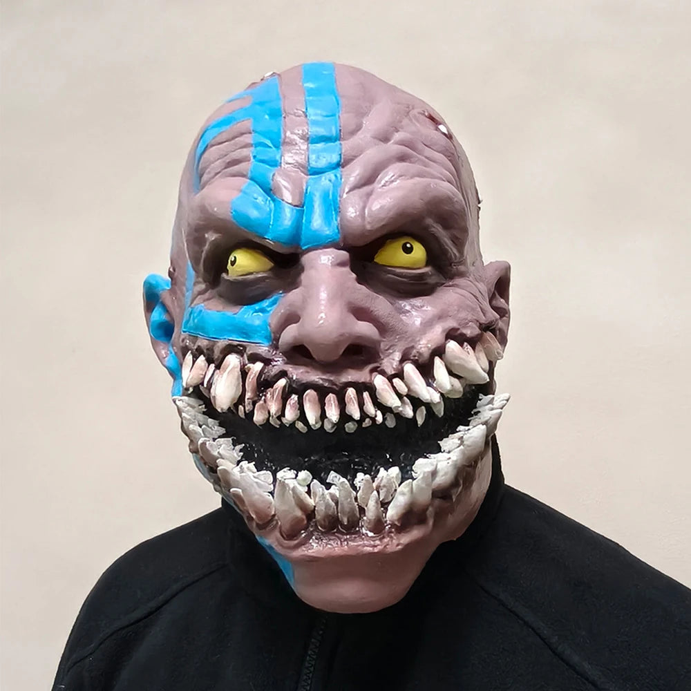Game Mortal Kombat 11 Baraka Cosplay Mask Adults Blue Stripe Fanged Demon Latex Mask Horror Full Head Helmet Costume Accessory