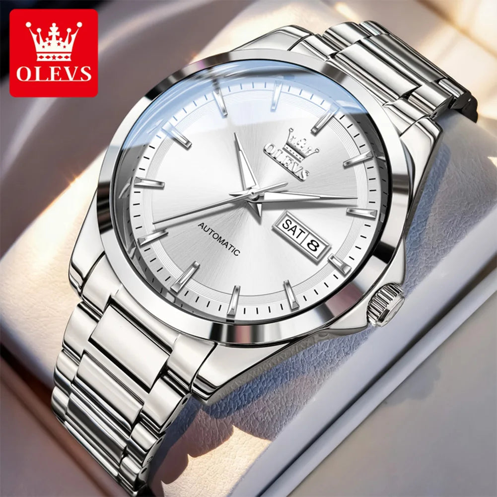 Reloj para hombre OLEVS 7090, reloj de pulsera mecánico automático con doble calendario, de acero inoxidable y resistente al agua, de gran venta