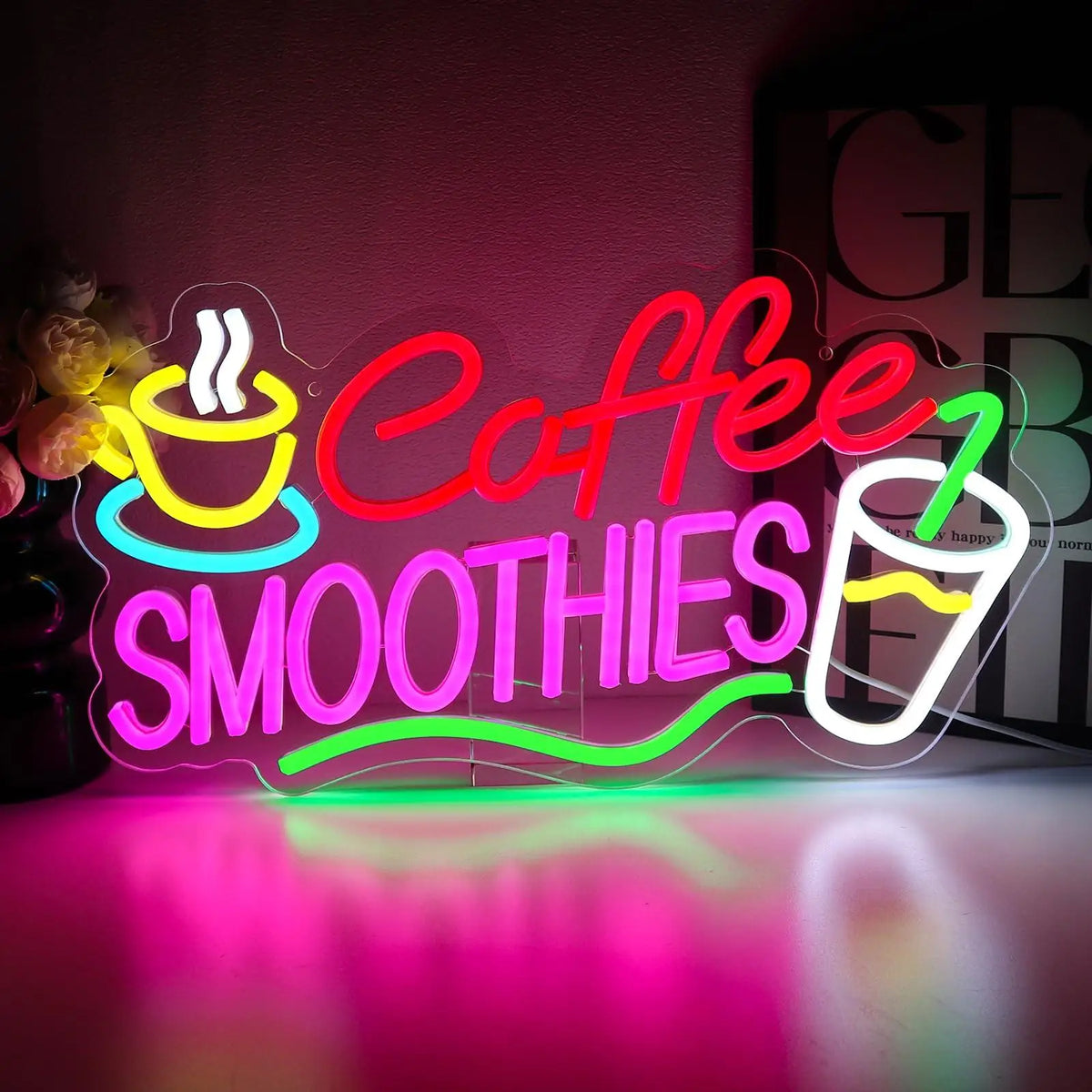 Cartel luminoso LED neón “Coffee Smoothies” con formas de taza, en colores neón.