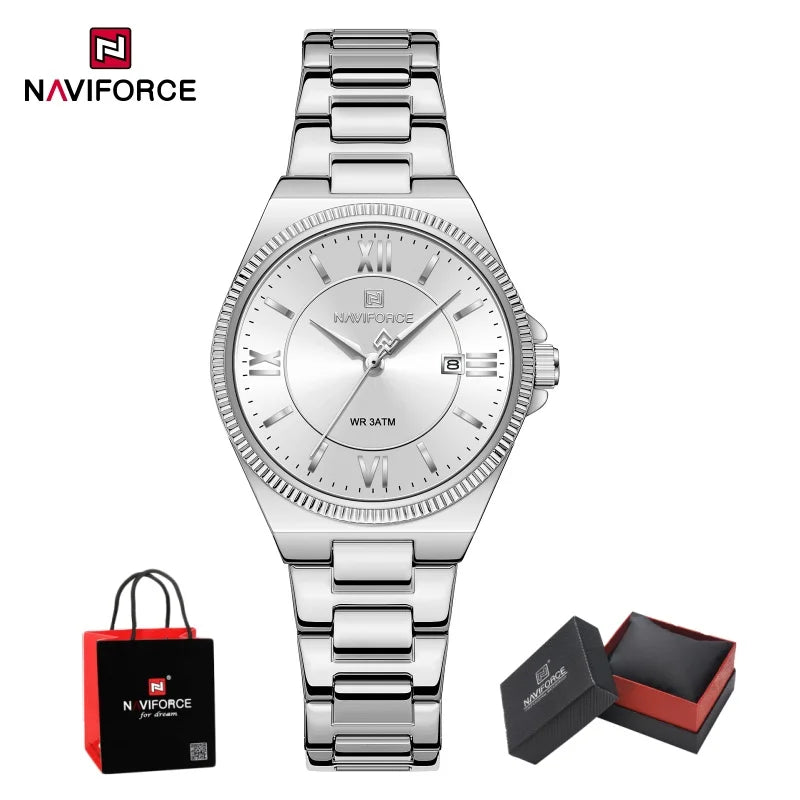 Reloj NAVIFORCE casual para mujer de acero inoxidable, resistente al agua 3ATM, con indicador de fecha, reloj de pulsera clásico para uso diario, caja de regalo incluida
