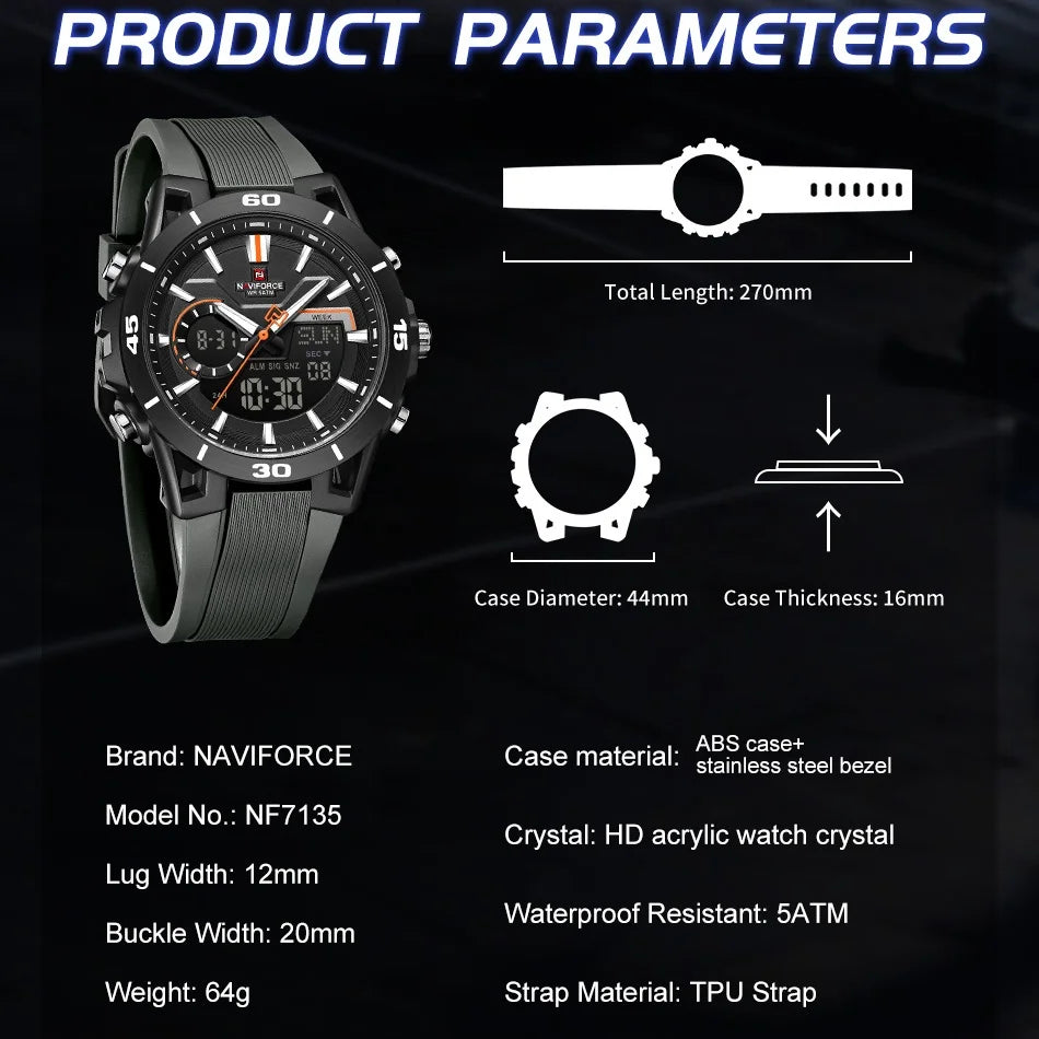 NAVIFORCE Men's Dual Display Sports Watch Analog-Digital Chronograph Alarm Stopwatch Dual Time Zone LED Luminous Waterproof