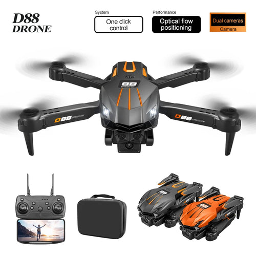 Dron RC naranja y negro con cuatro hélices y cámara frontal doble integrada