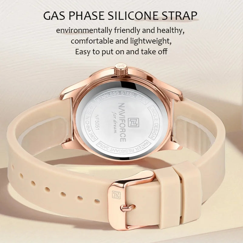 Relojes de moda sencillos para mujer NAVIFORCE, reloj de cuarzo resistente al agua con correa de silicona suave, diseño exquisito y único, caja de regalo.
