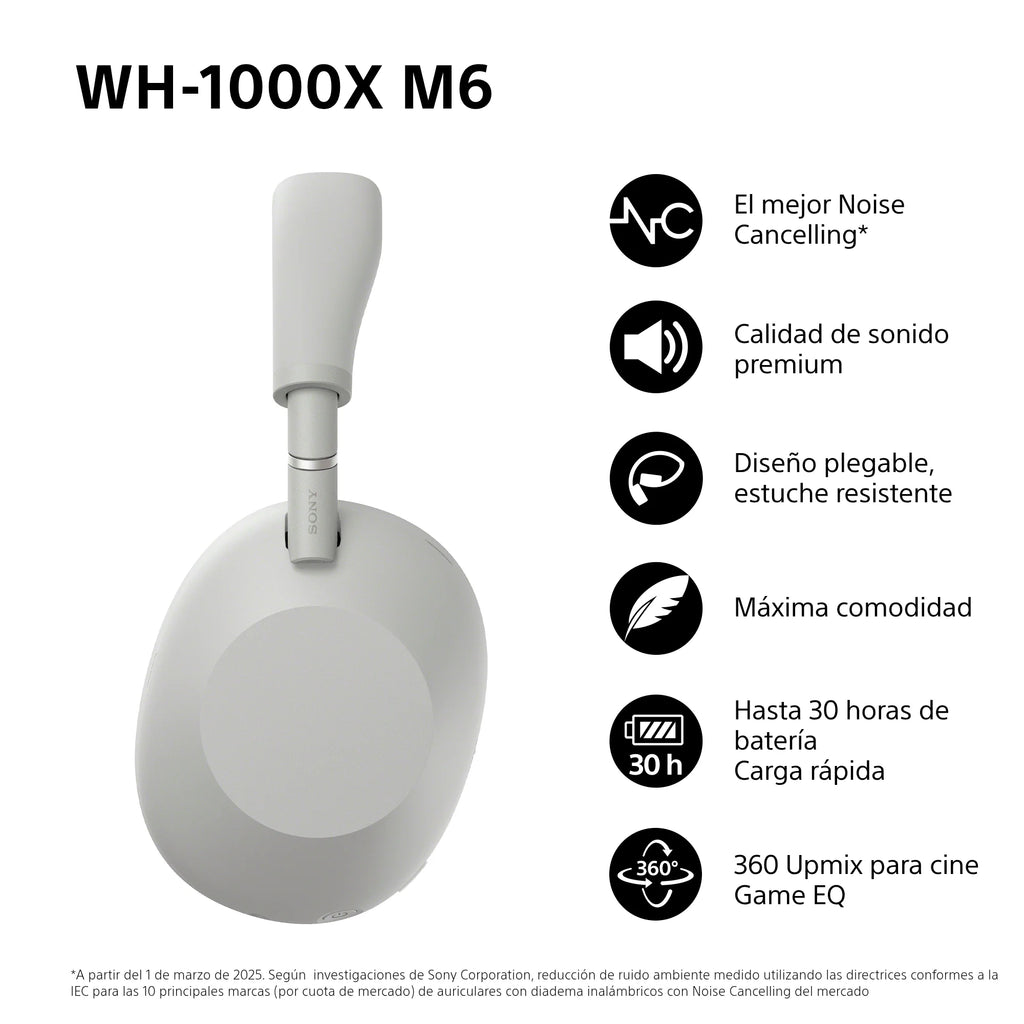 Sony WH-1000XM6 Auriculares Bluetooth inalámbricos con Noise Cancelling, Sonido de Alta resolución, diseño Plegable, Estuche Resistente, 30 Horas de batería