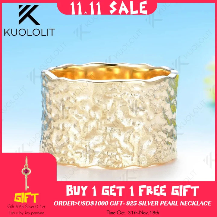 Anillo Personalizado Kuololit de 15 mm de Ancho, Martillado, para Hombre y Mujer, Oro Amarillo Sólido de 10K, Hecho a Mano, para Aniversario, Regalos de Navidad, Fiestas