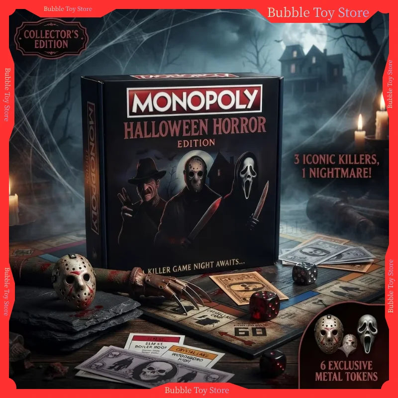Juego de mesa de ajedrez Monopoly de Halloween, temática de personajes asesinos de películas de terror, regalos de colección para entusiastas del terror y fiestas familiares