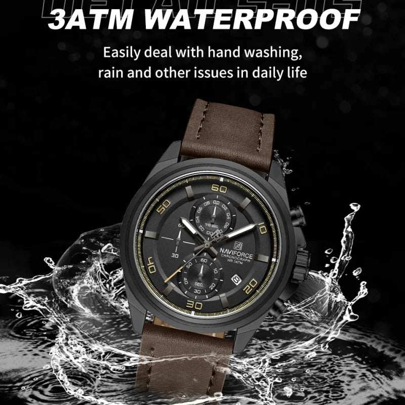 NAVIFORCE Chronograph Wristwatch for Male Quartz Date Display 30M Waterproof Real Leather Strap Clock Mature Fashion Man's Watch