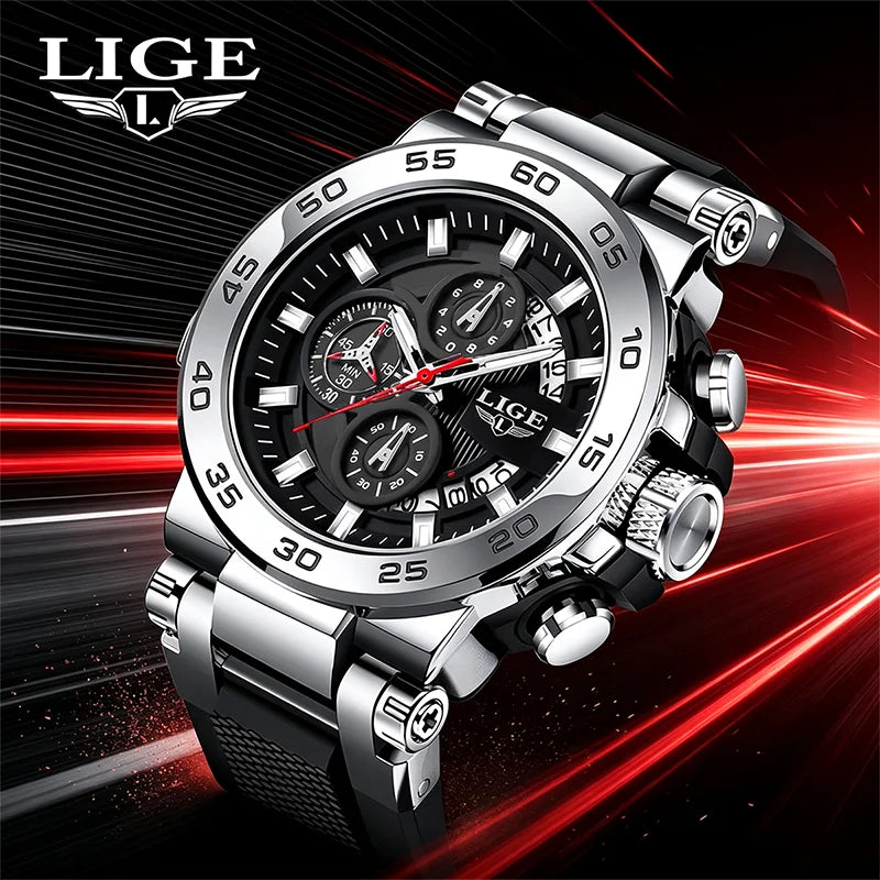 Reloj de lujo LIGE 2026 para hombre, reloj militar de cuarzo con correa de silicona, cronógrafo impermeable con calendario de marca superior