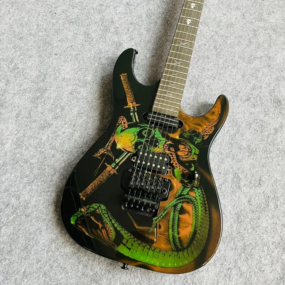Guitarra Eléctrica Marrón en Oferta de Almacén Alemán, Diapasón de Palisandro con Patrón de Serpiente y Trémolo de Doble Bloqueo