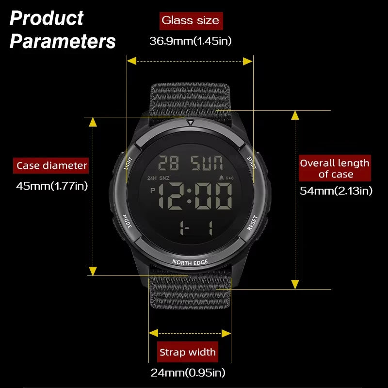 Reloj digital militar NORTH EDGE 2025 TERRAX para hombre, deportivo para exteriores, sumergible 50M, con cronómetro, cuenta atrás y luz.
