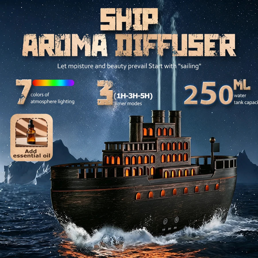 Nuevo Humidificador Aromático 2026, Diseño de Barco Vintage, Difusor de Aceites Esenciales con Llama de Colores, Silencioso, Vapor Fino, 3 Temporizadores