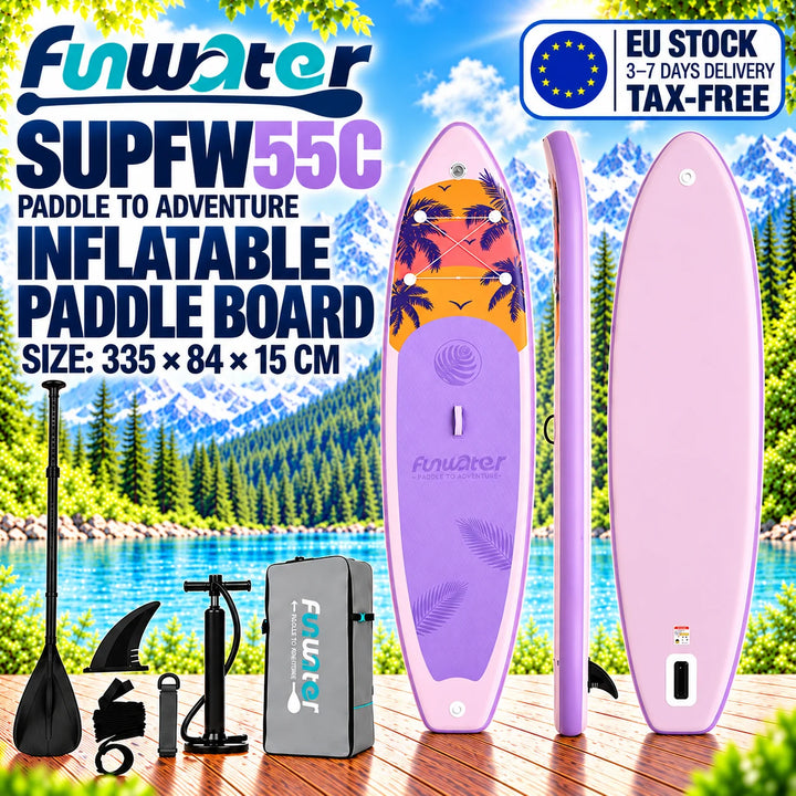 SUP hinchable Funwater SUPFW55C, 335x84x15 cm, 165 kg+, tabla de paddle surf rosa y lila con palmeras tropicales para yoga, escapadas a la playa, rutas en lagos y pesca tranquila, accesorios incluidos