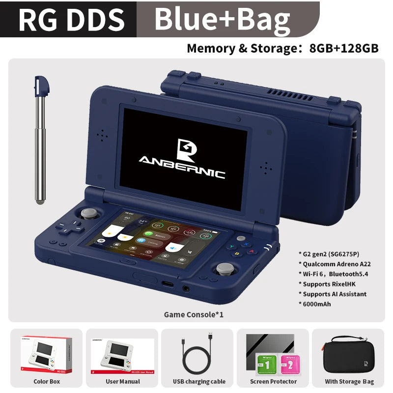Consola de Juegos Portátil Retro Anbernic RG DDS con Pantalla IPS de 4.7"/4" Doble, Batería de 6000mAh, Android, 16 Juegos, Compatible con Asistente de IA y Streaming