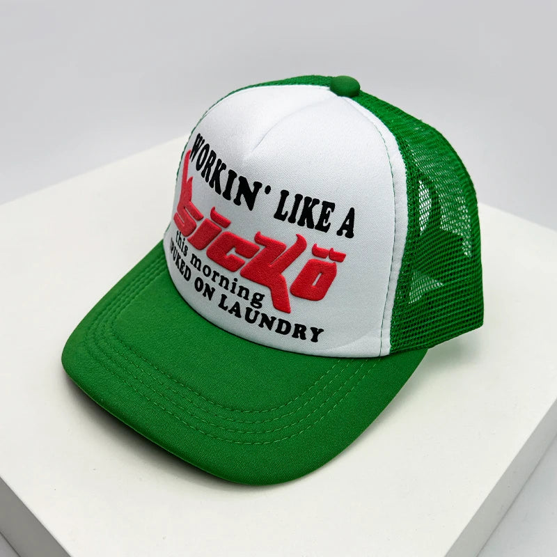 Gorra de béisbol estilo americano para crucero, con estampado de anime y letras, de malla tipo camionero, transpirable, para hombres y mujeres, versátil y a la moda