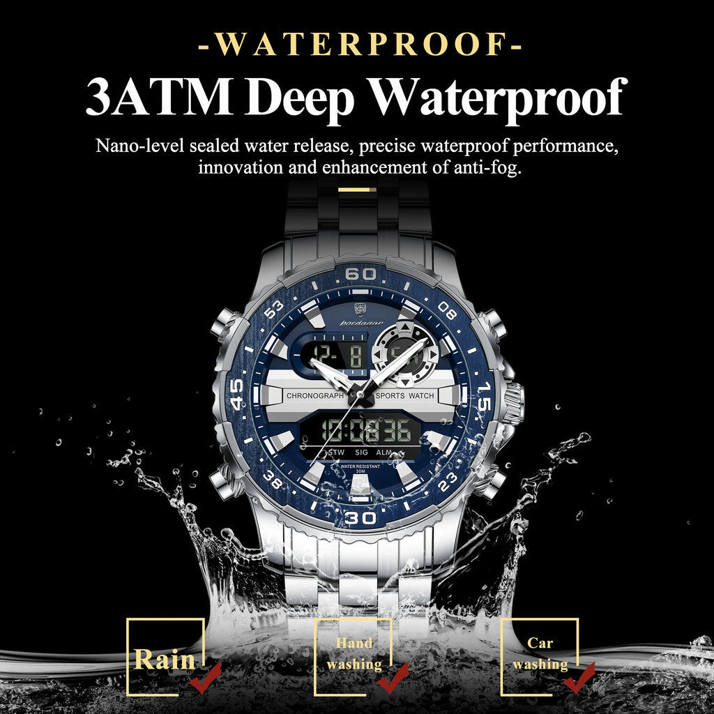 Reloj de lujo para hombre POEDAGAR con LED superior, resistente al agua, electrónico, con doble visualización de hora, digital, de cuarzo y acero inoxidable