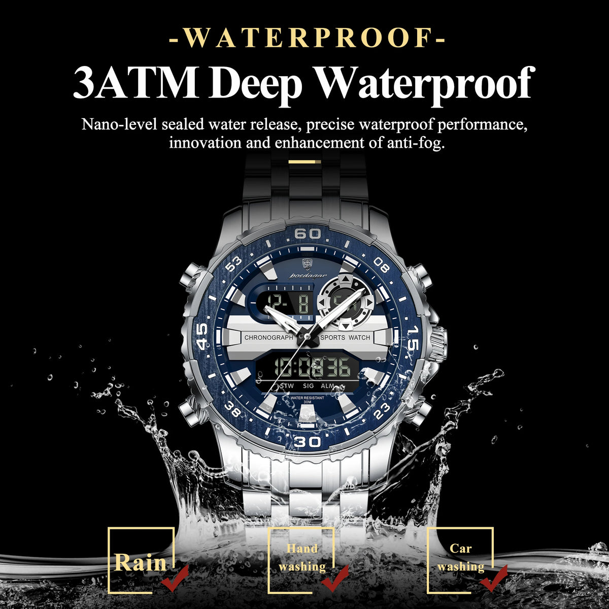 Reloj de lujo para hombre POEDAGAR con LED superior, resistente al agua, electrónico, con doble visualización de hora, digital, de cuarzo y acero inoxidable