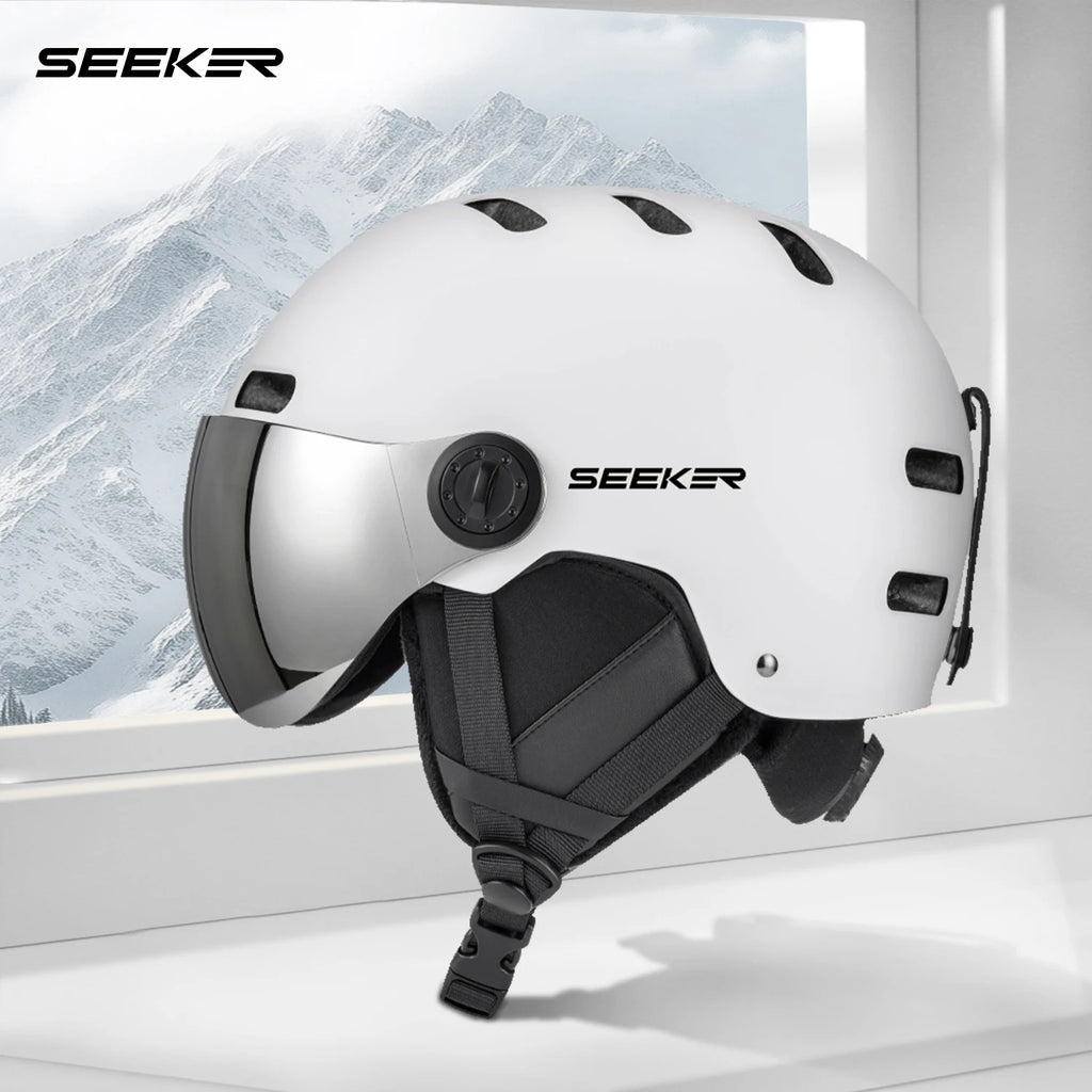SEEKER Casco de Esquí para Deportes de Invierno, Casco con Espejo Integrado, Anti-Impacto, para Adultos, para Tabla Simple y Doble, Casco de Seguridad para Esquí al Aire Libre