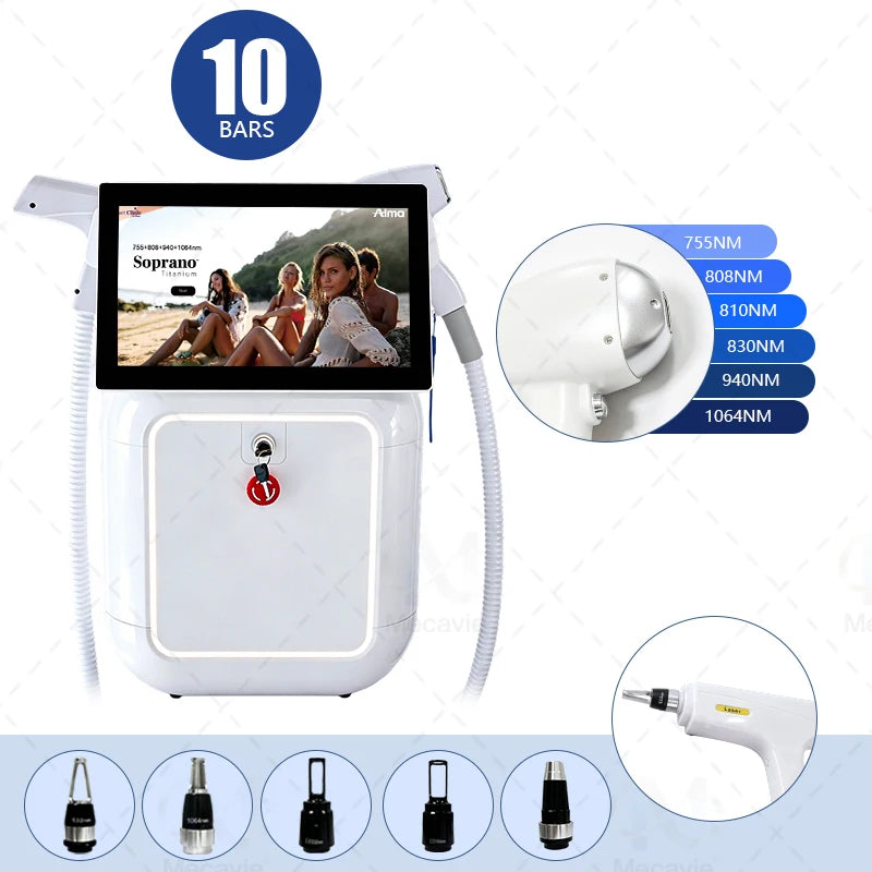 Máquina de depilación y eliminación de tatuajes con láser de diodo de picosegundos de 808 nm, 2 en 1, con 4 longitudes de onda ajustables: 755/808/940/1064 nm.