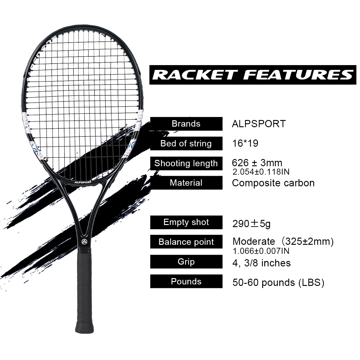 ALPSPORT T800 18K Raqueta de Tenis Profesional de Fibra de Carbono – Ligera (280g) con Bolsa y Correa Antideslizante, Envío Rápido para Entrenamiento