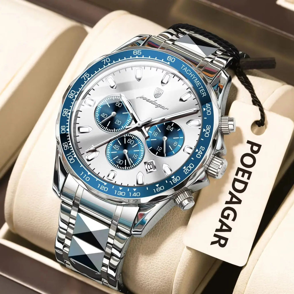 Reloj de lujo para hombre POEDAGAR, resistente al agua, luminoso, de acero inoxidable, cronógrafo, con fecha, reloj de cuarzo de negocios para hombre