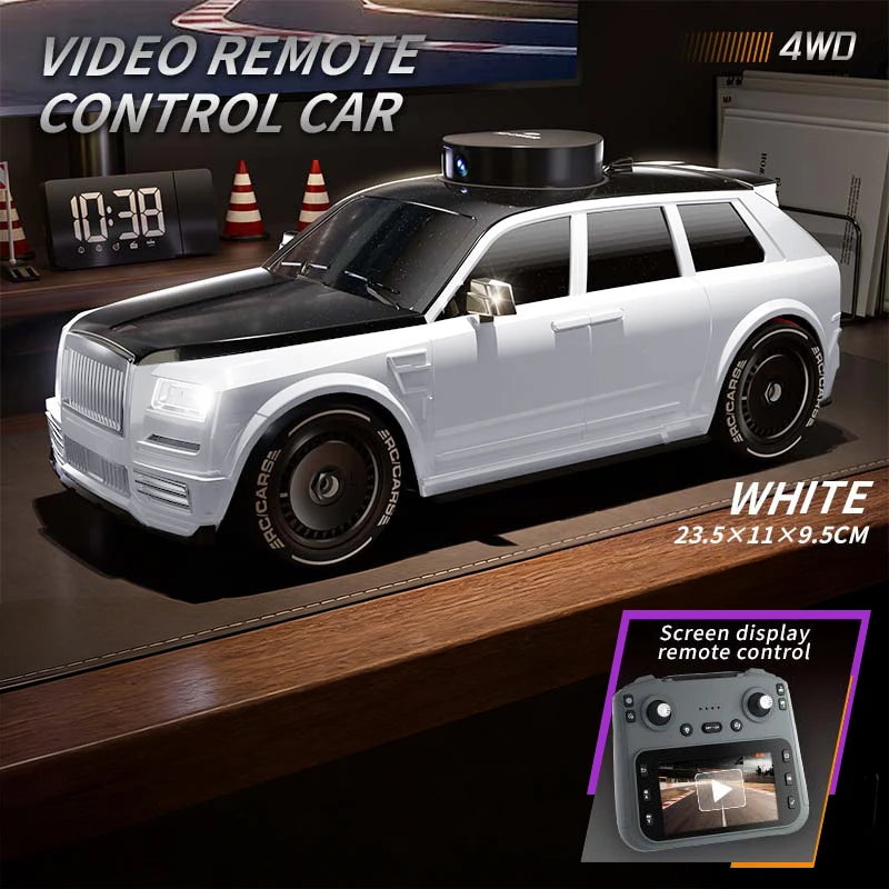 Coche RC blanco con faros LED y control remoto con pantalla de video