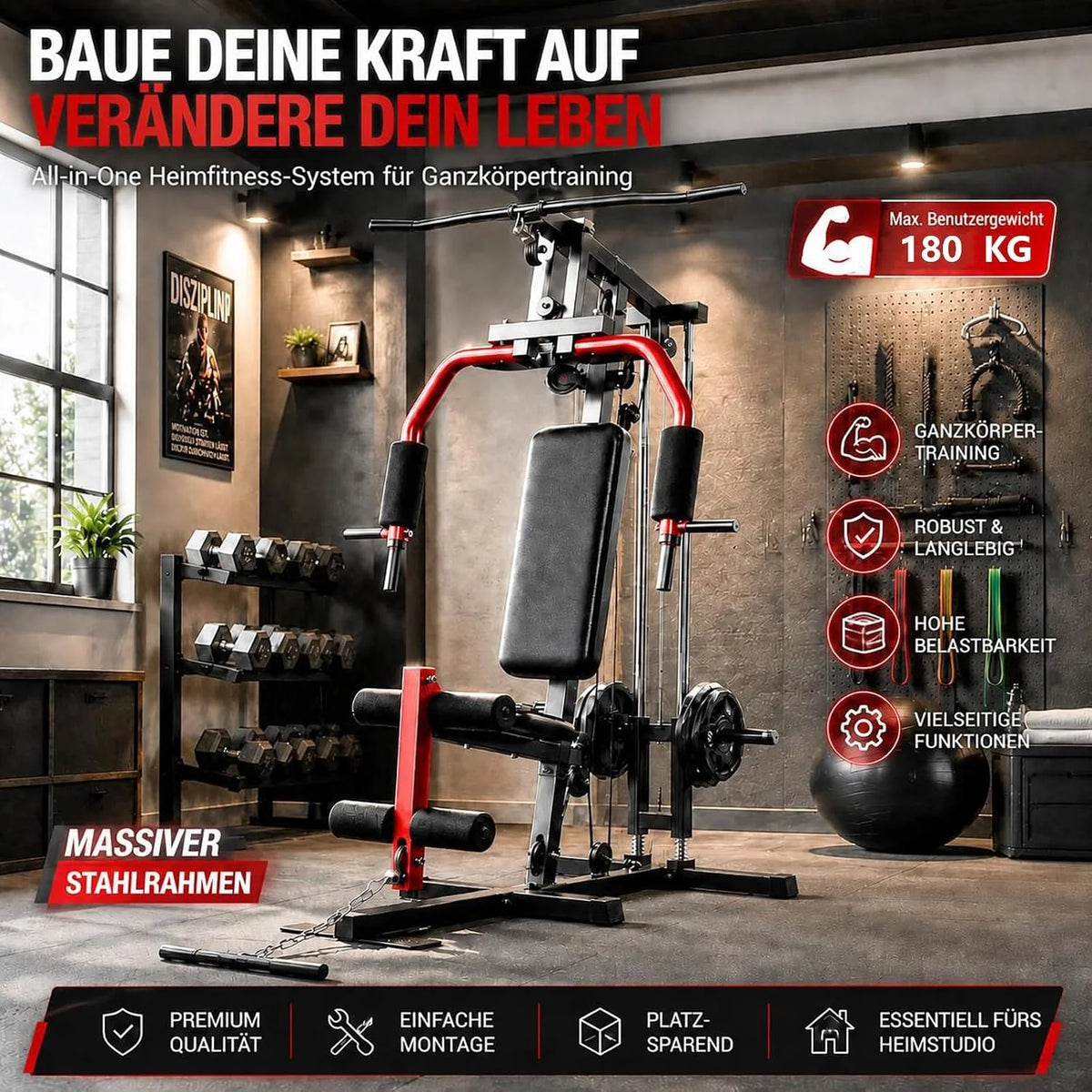 Gimnasio multifuncional profesional con cordones integrados y sistema de doble cable-Max. capacidad de carga de 180 kg para entrenamiento de fuerza exigente