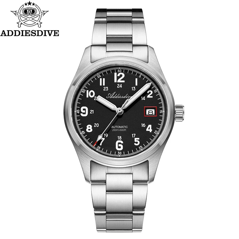 Reloj automático para hombre ADDIESDIVE NH35, reloj de lujo con cristal de zafiro, correa de cuero o acero inoxidable, luminiscencia BGW9 y resistencia al agua de 200 m