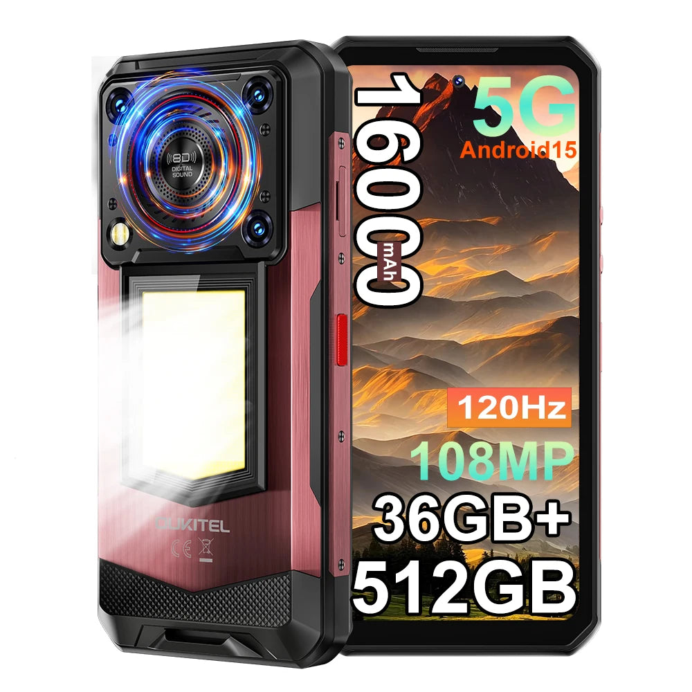 Smartphone OUKITEL WP56 Android 15, 36 GB (12+24) 512 GB, 16000 mAh, 45 W, luz de camping, 6.8" FHD 120 Hz, altavoz de 128 dB, 108 MP, celular 5G