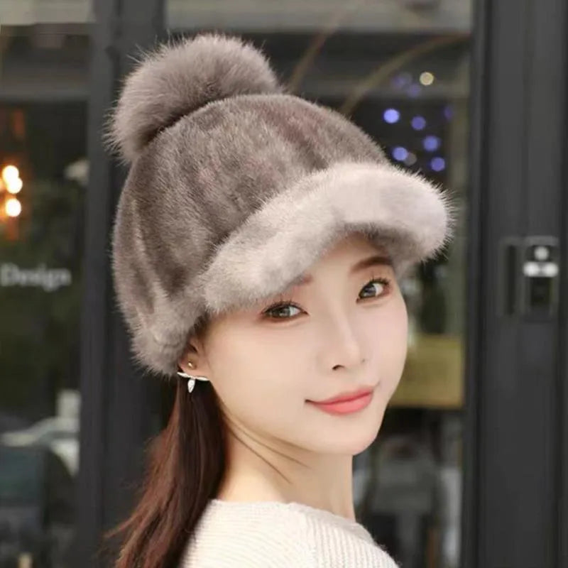 Gorro de piel de visón auténtica para mujer, gorro informal de pico de pato con bola de piel de zorro, gorro de caballero tejido a la moda, gorros de béisbol de piel auténtica gruesa