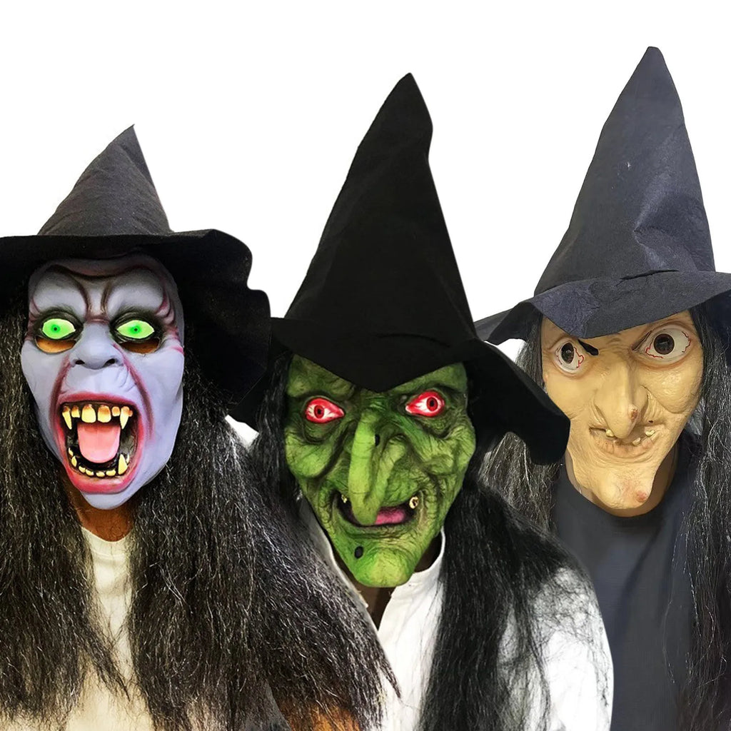 Máscara de bruja vieja de terror para Halloween con sombrero, Cosplay de payaso aterrador, Hag, máscaras de látex, cara verde, nariz grande, accesorios de fiesta de disfraces para mujeres mayores