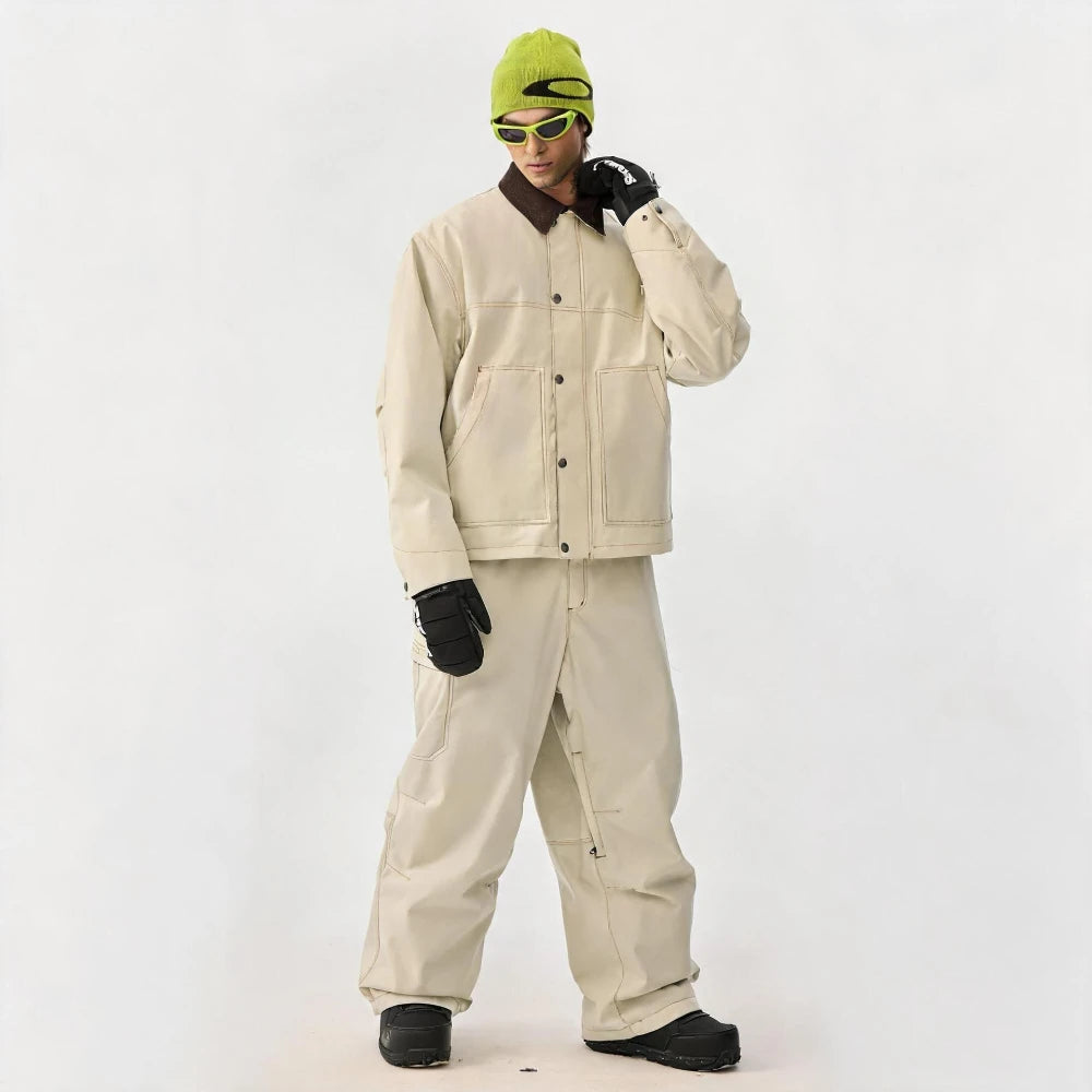 GSOU SNOW Traje de esquí americano holgado, ropa de invierno a prueba de viento, cálida, de talla grande, conjunto de chaqueta y pantalones de snowboard con bloques de color, súper holgado