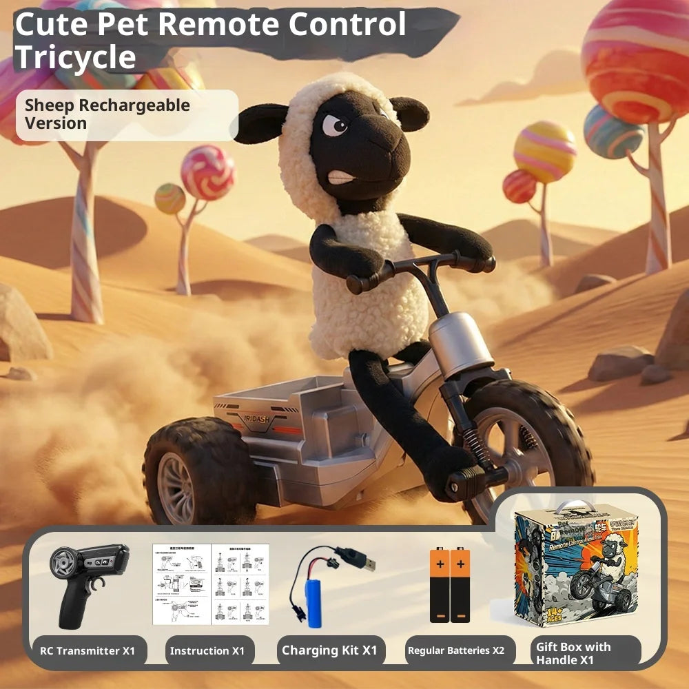 2026 New Little Sheep Black Horse Remote Control Car Three Wheel Motorcycle Charging Dynamic Lighting Trick Drift Car Boy Toy