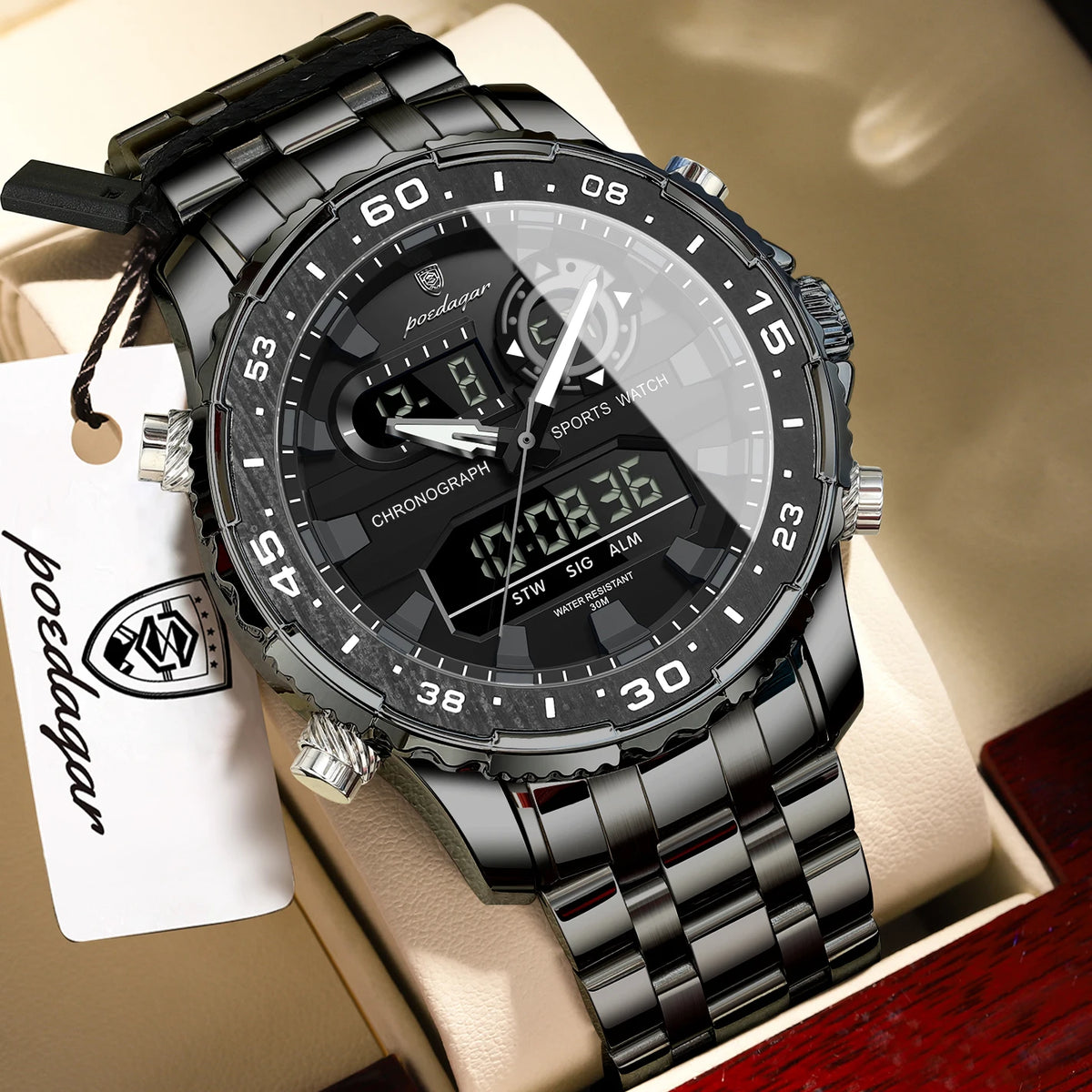 Reloj de pulsera electrónico de moda para hombre POEDAGAR, con semana, fecha, LED luminoso, pantalla de doble hora, relojes digitales de cuarzo para hombre