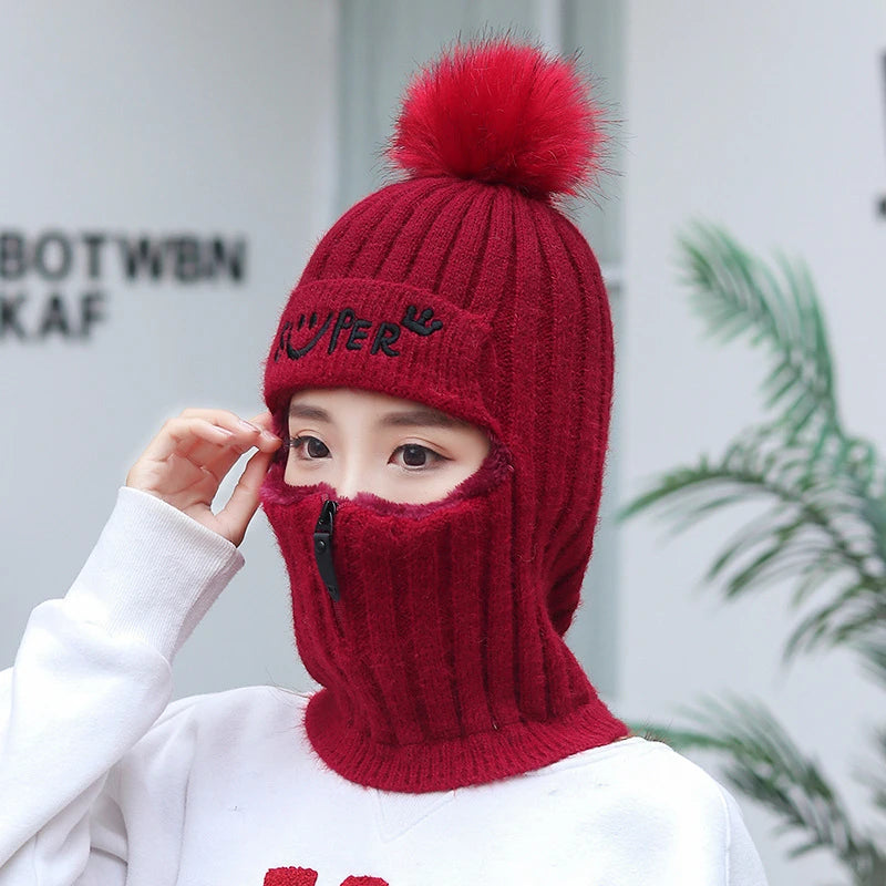 Gorro de invierno de punto para mujer con cremallera, gorro de lana con forro polar y protección contra el viento, ideal para conducir una motocicleta, gorro cálido de estilo coreano.