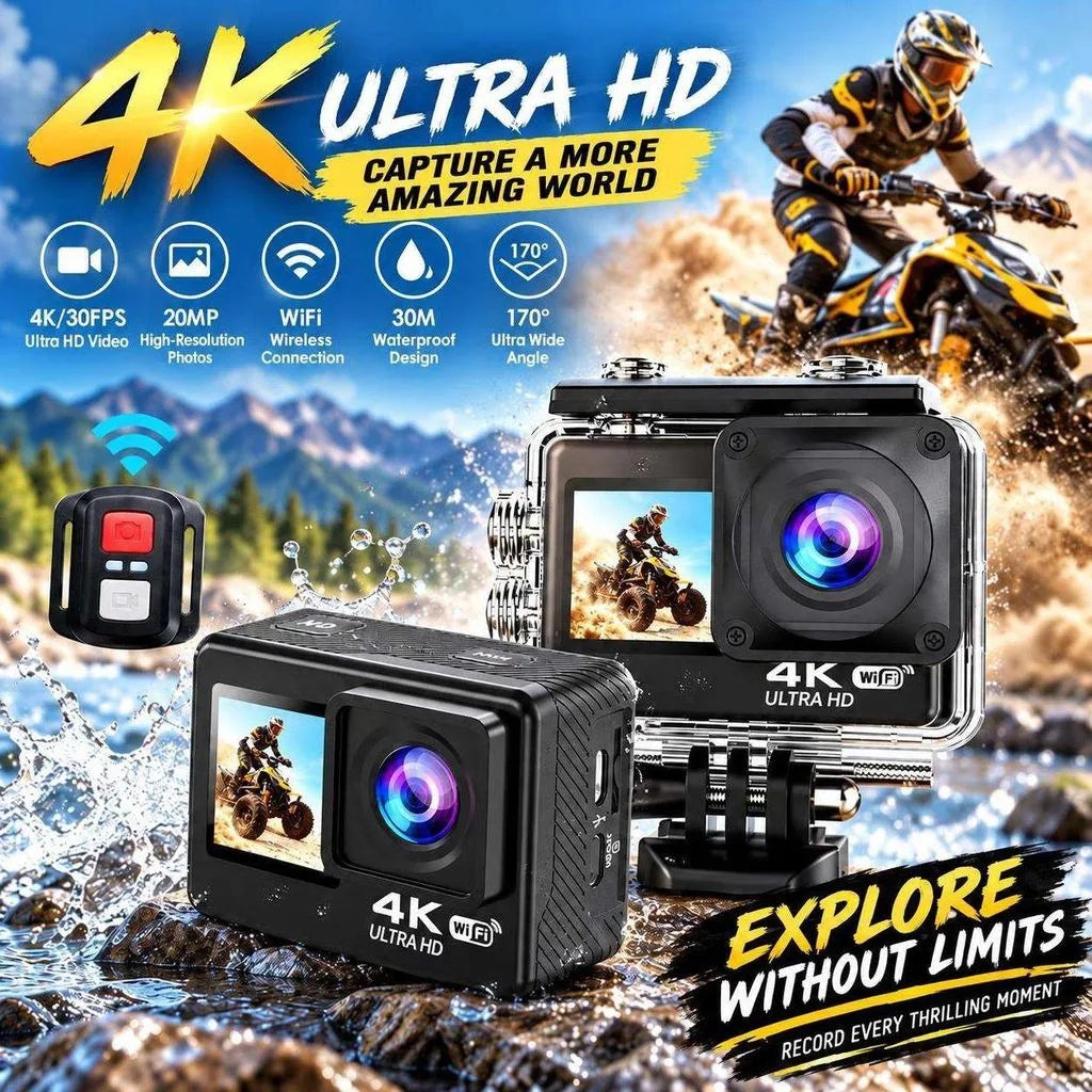 Cámara de acción 4K Ultra HD, 170 °     Cámara para exteriores con lente de gran angular, conexión Wi-Fi, resistencia al agua hasta 30 metros y control remoto, ideal para buceo, ciclismo y actividades al aire libre.