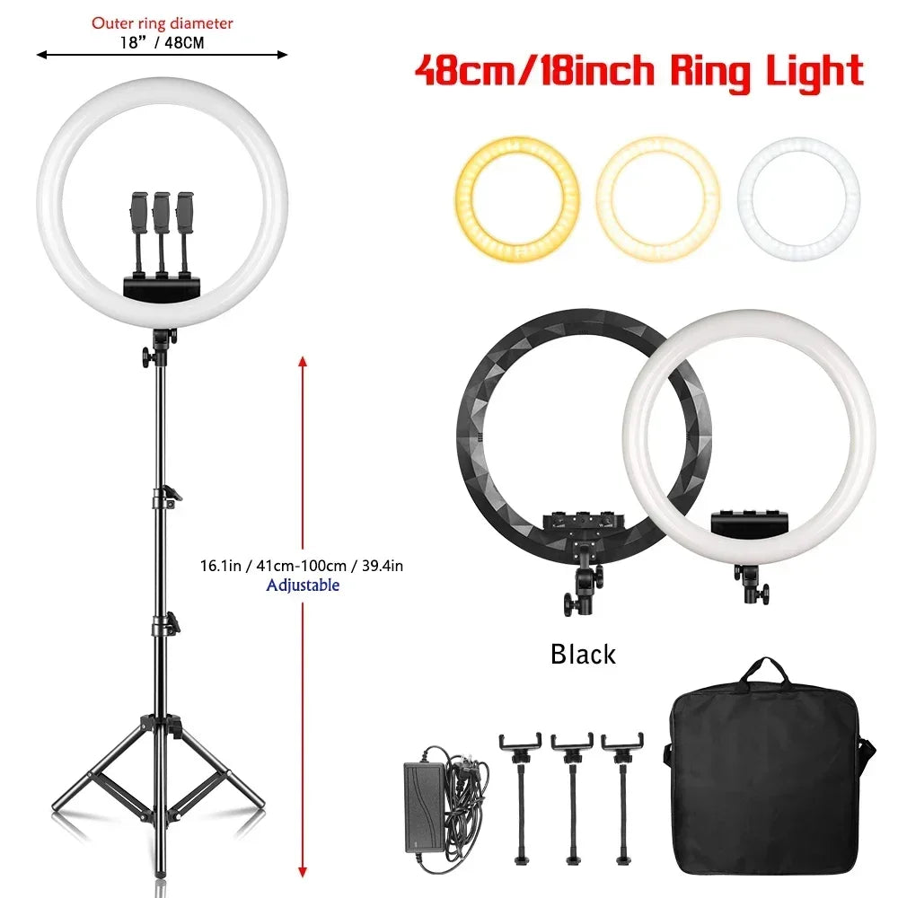 Aro de Luz LED de 45CM / 18 Pulgadas con Diferentes Estilos de Trípode o Soporte o Sin Soporte, Aro de Luz LED Grande de 18 Pulgadas con Control Remoto, Trípode, Soporte para Teléfono, Iluminación para Transmisiones en Vi