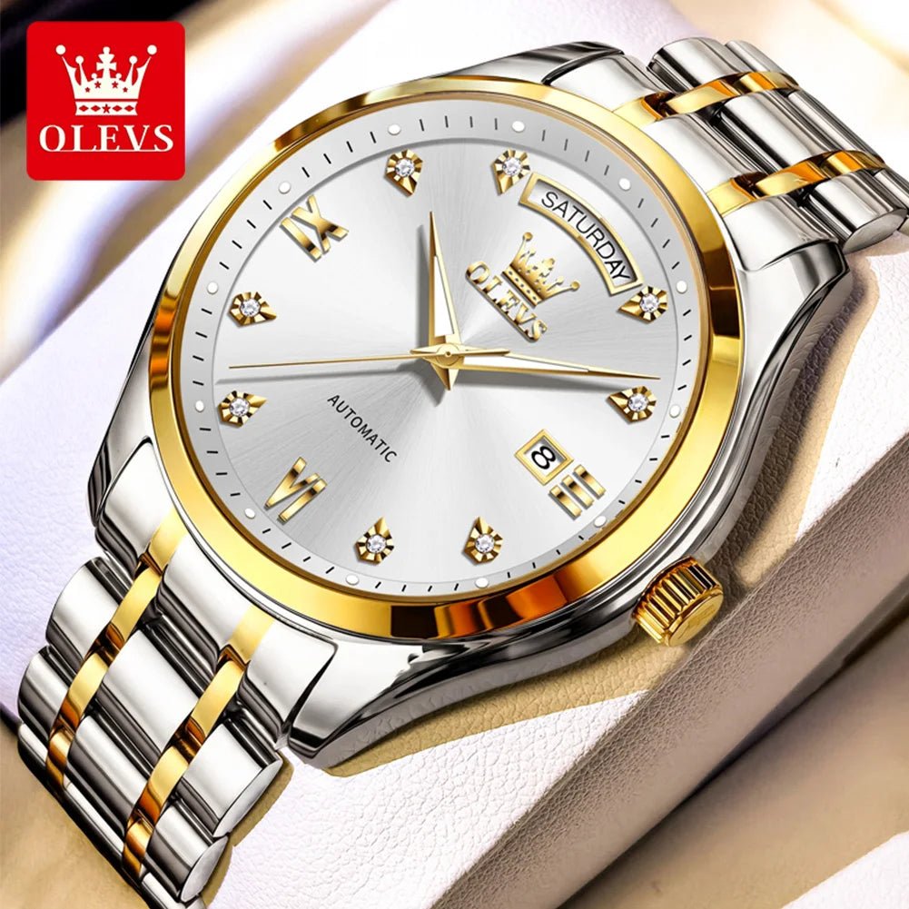 Reloj original de la marca OLEVS 6752 para hombre, reloj mecánico sencillo de lujo con correa de acero y caja de regalo.