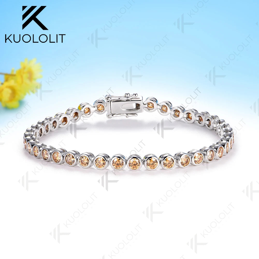 Kuololit-pulsera de tenis de moissanita cian champán para mujer, pulsera de oro blanco sólido 14K 10K 585 para compromiso, regalo de Navidad