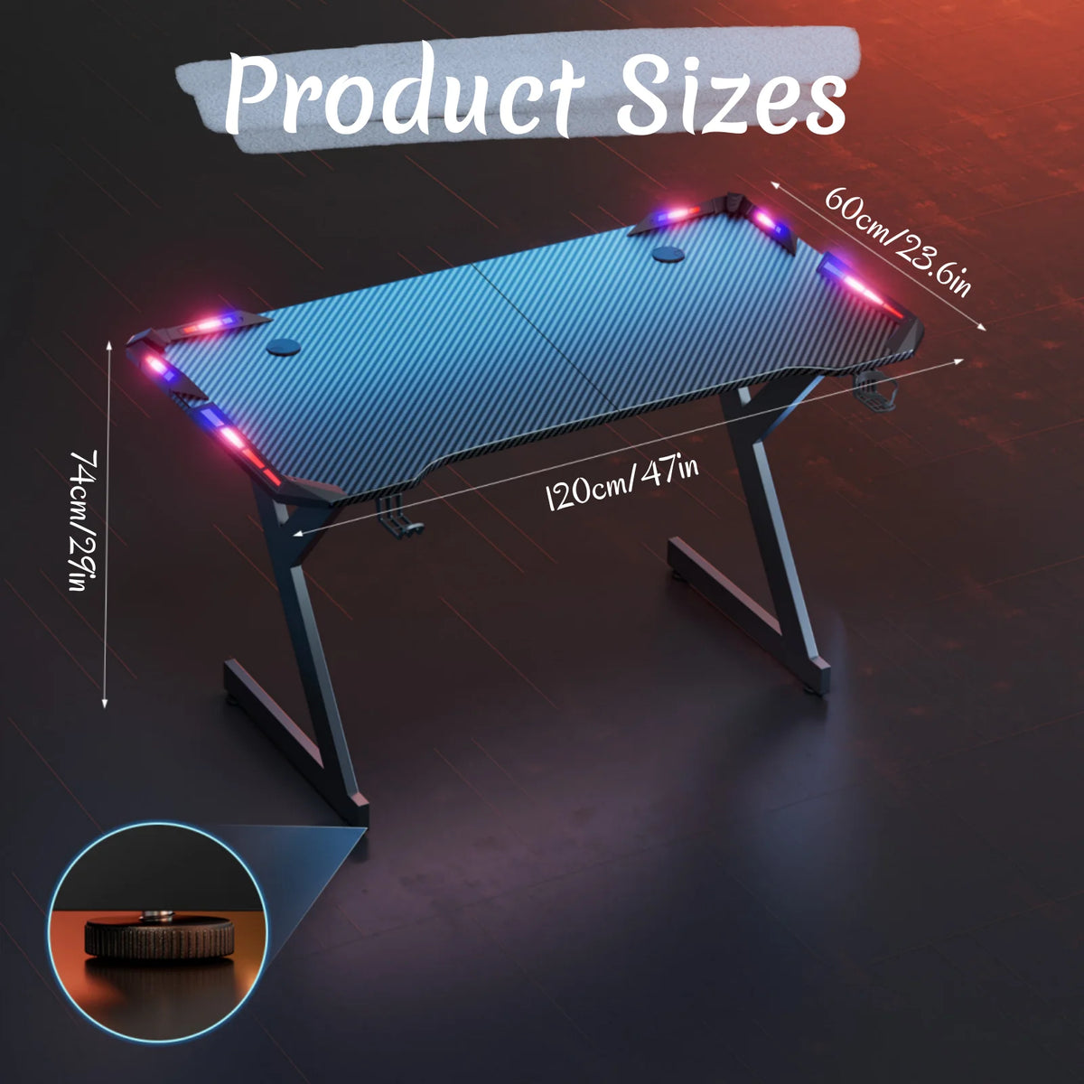 Escritorio gamer en Y de 120 cm con luces RGB en el borde y base triangular