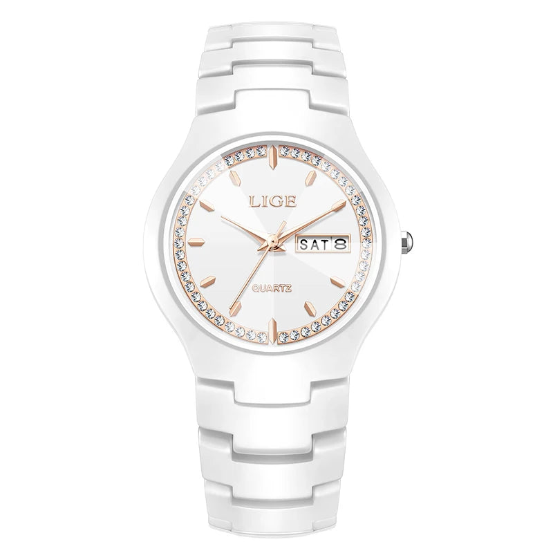 Relojes LIGE de cerámica para hombre con calendario, relojes de pulsera impermeables para mujer, reloj de vestir sencillo con diamantes, reloj de cuarzo con visualización de fecha y día de la semana