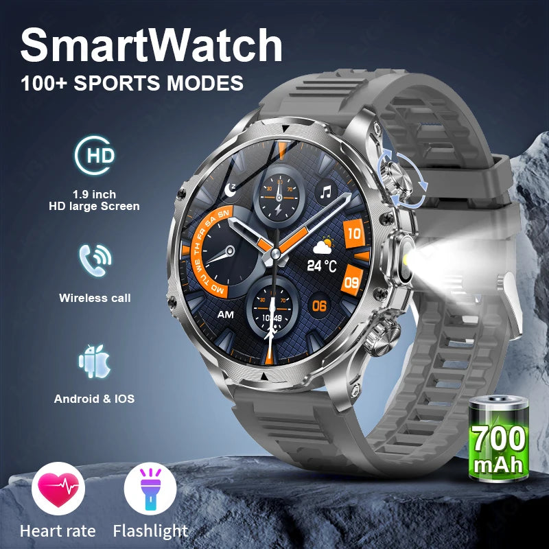 Reloj inteligente deportivo para exteriores LIGE AK75 para hombre, linterna, batería grande de 700 mAh, llamadas por Bluetooth, luz LED, rastreador de actividad física, reloj inteligente