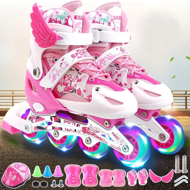 Patines Flash tamaño ajustable 26-42 para niños niñas zapatillas de patinaje al aire libre zapatos de patín de 4 ruedas con casco, rodillera para codo